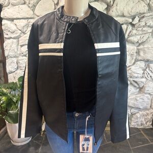 Active USA Black Leather Jacket with White Stripes